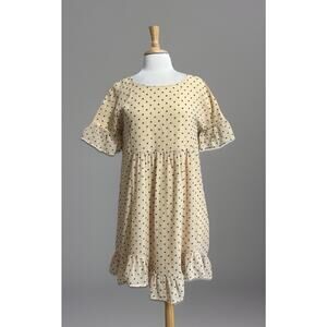 ENTRO Womens M Tunic Dress Beige Black Pansy Floral Modest Babydoll Fairy Sleeve